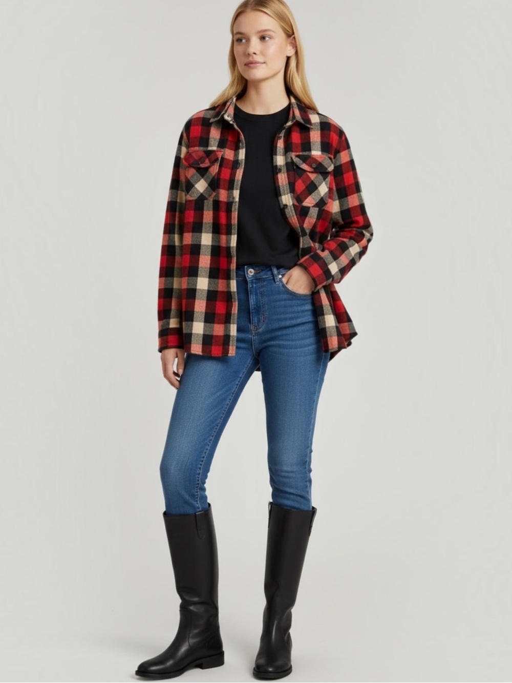 Woolrich Women's Red White Black Plaid Flannel Button Down Utility Shirt Size L